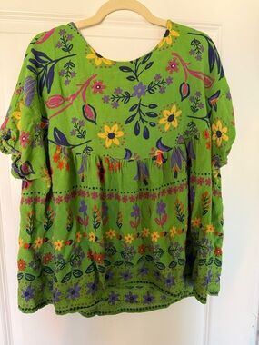 Easel Bright Green Floral Peasant Tunic with Multicolor Blooms